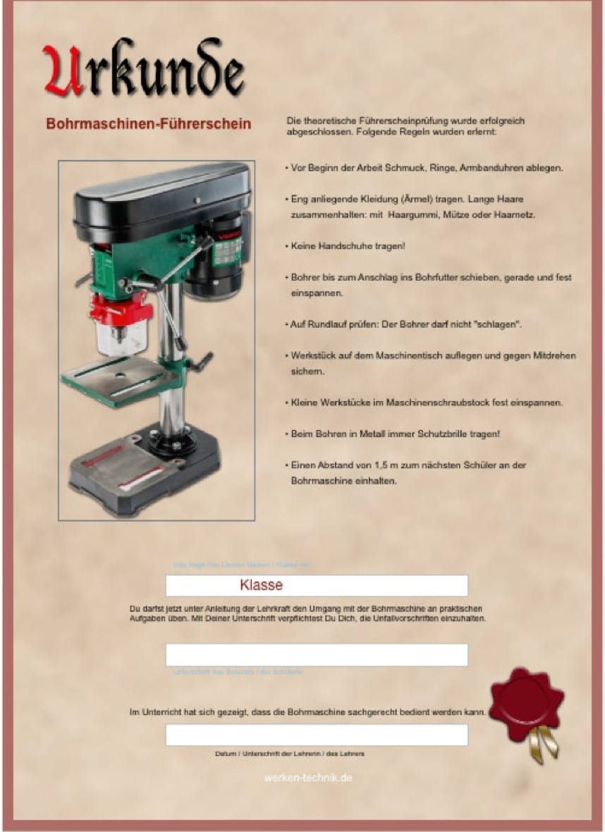 Bohrmaschinen-Führerschein Urkunde