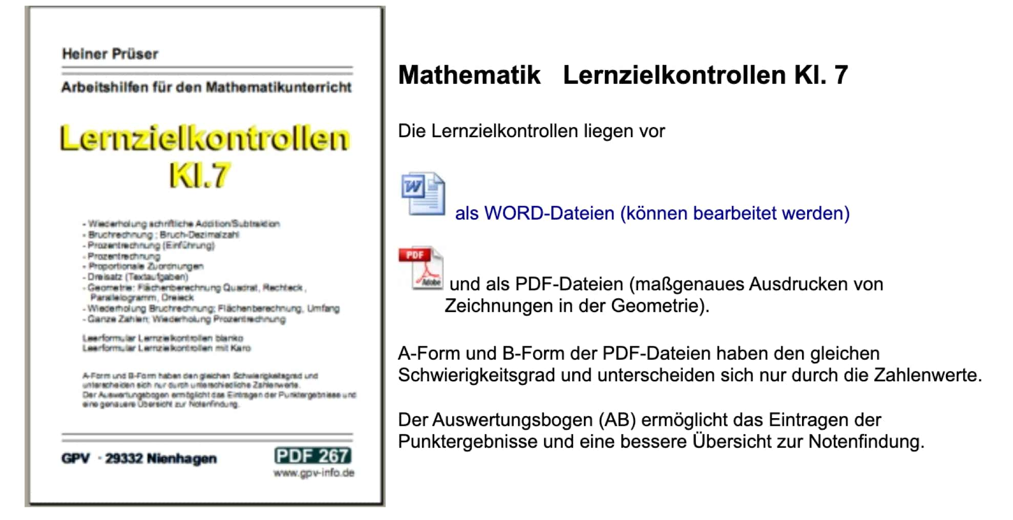 Lernzielkontrollen als PDF-Dateien für Klasse 7