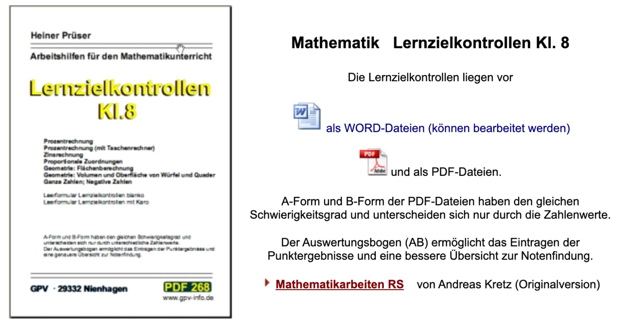 Lernzielkontrollen als PDF-Dateien für Klasse 8