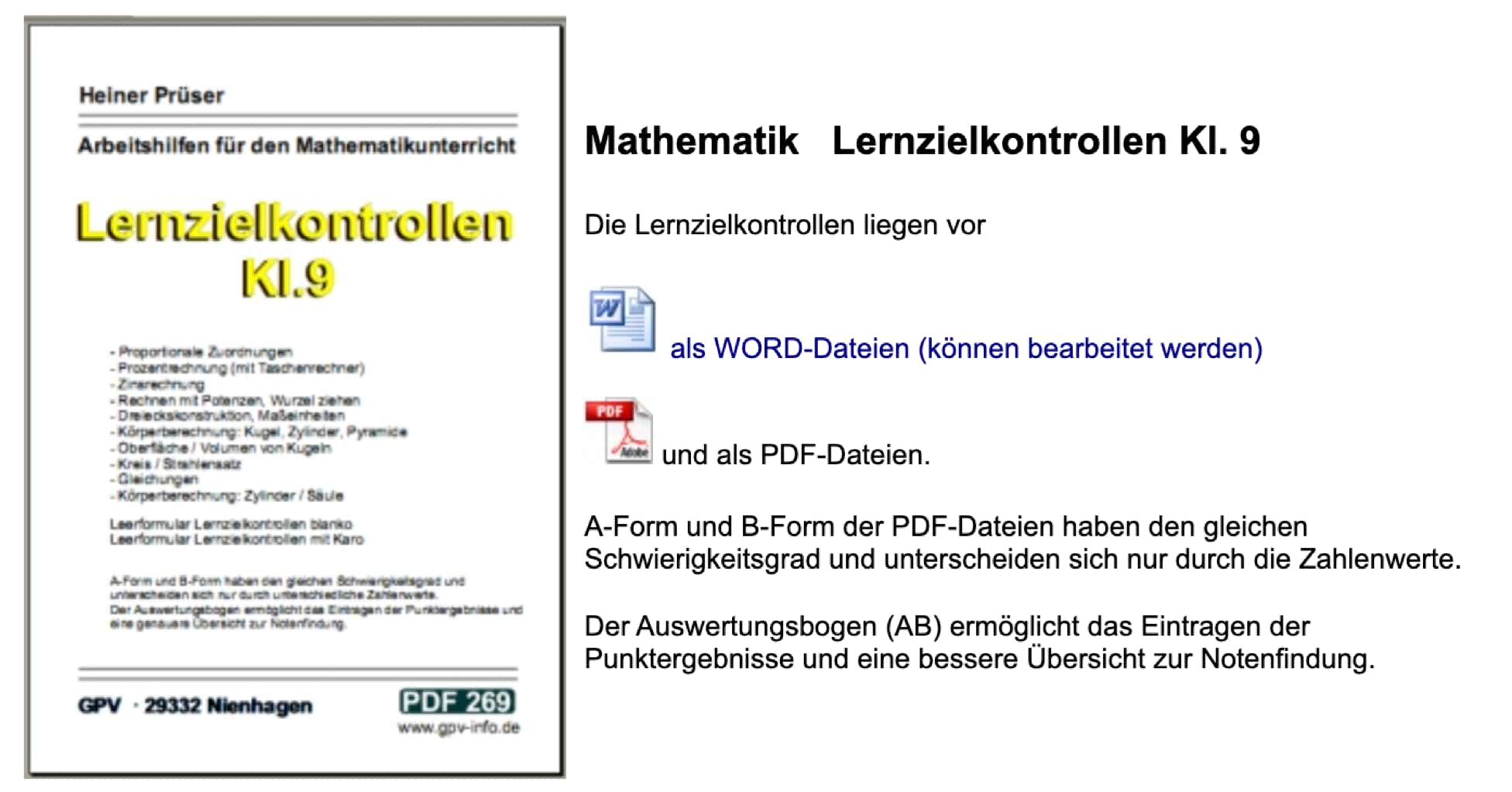 Lernzielkontrollen als PDF-Dateien für Klasse 9